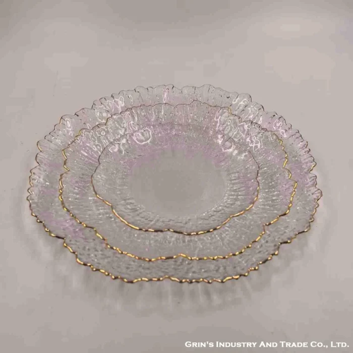 Iridescent Pink Glass Plates with Gold Rim Set