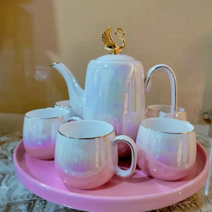 Iridescent Pink Porcelain Tea Set with Tray