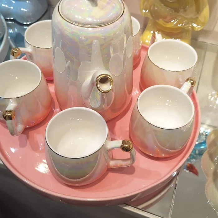 Opal White Porcelain Tea Set on Pink Tray