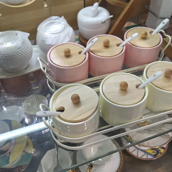 Pastel Ceramic Spice Jars Set on Metal Rack
