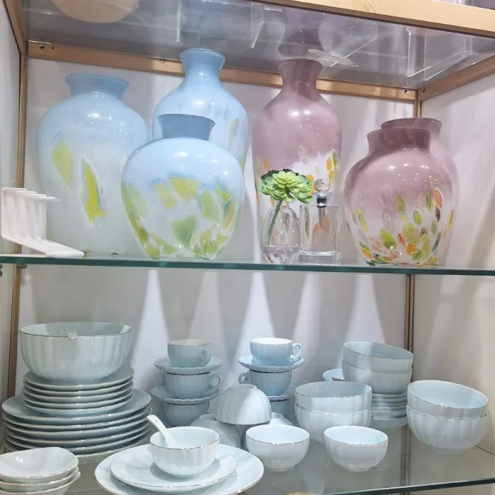 Pastel Ceramic Vases and Dinnerware Display