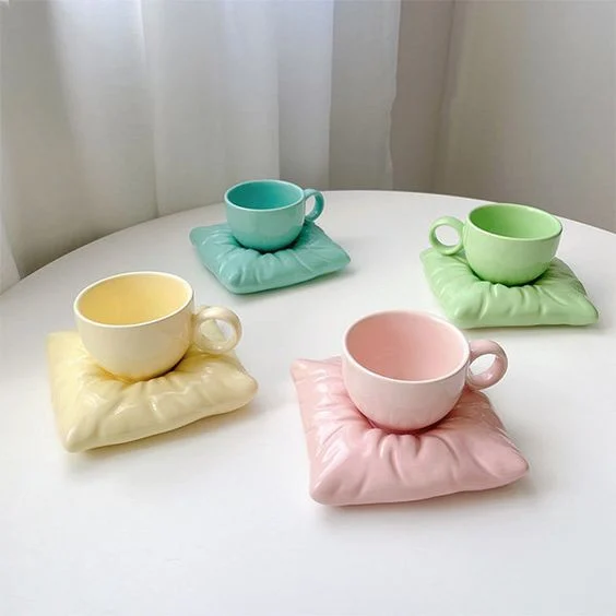 Pastel Pillow Saucer Ceramic Mugs Set