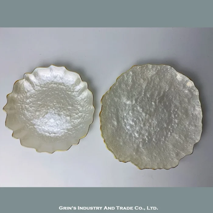 Pearl White Iridescent Wavy Glass Plates Pair