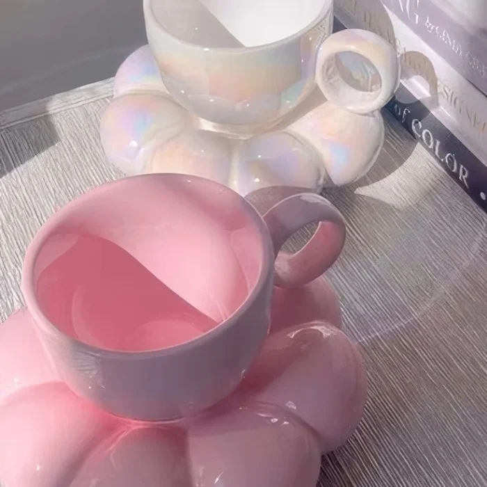 Pink Ceramic Mug with Cloud Saucer