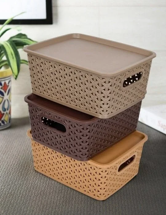 Plastic Woven Storage Baskets with Lids Set of 3