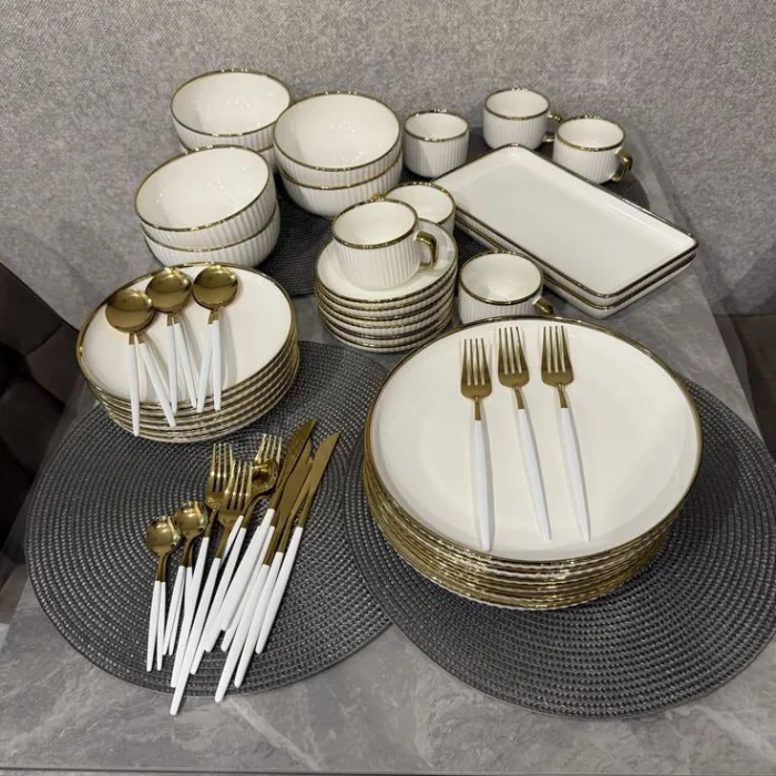 White and Gold Ribbed Dinnerware Set