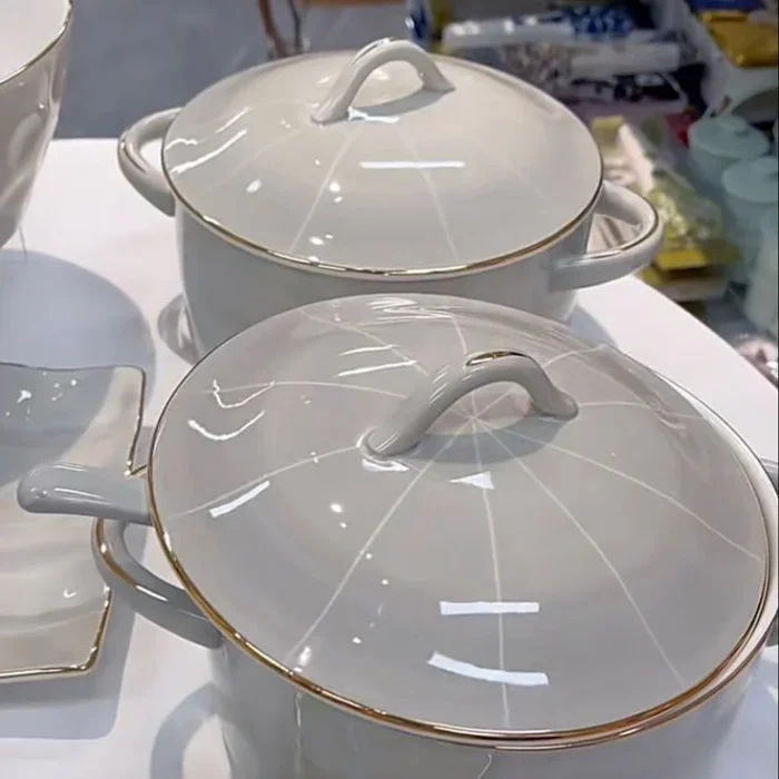 White Ceramic Covered Serving Dish with Gold Trim