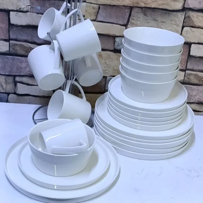 White Ceramic Dinnerware and Mug Holder Set