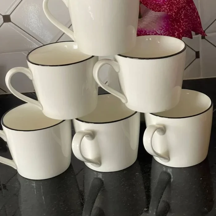White Ceramic Mugs with Black Rim Set