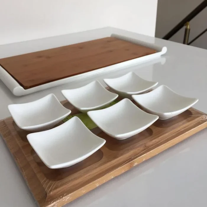 White Ceramic Square Dip Bowls on Wooden Tray