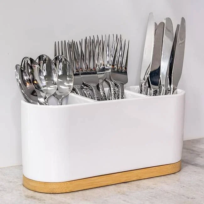 White Cutlery Caddy with Bamboo Base