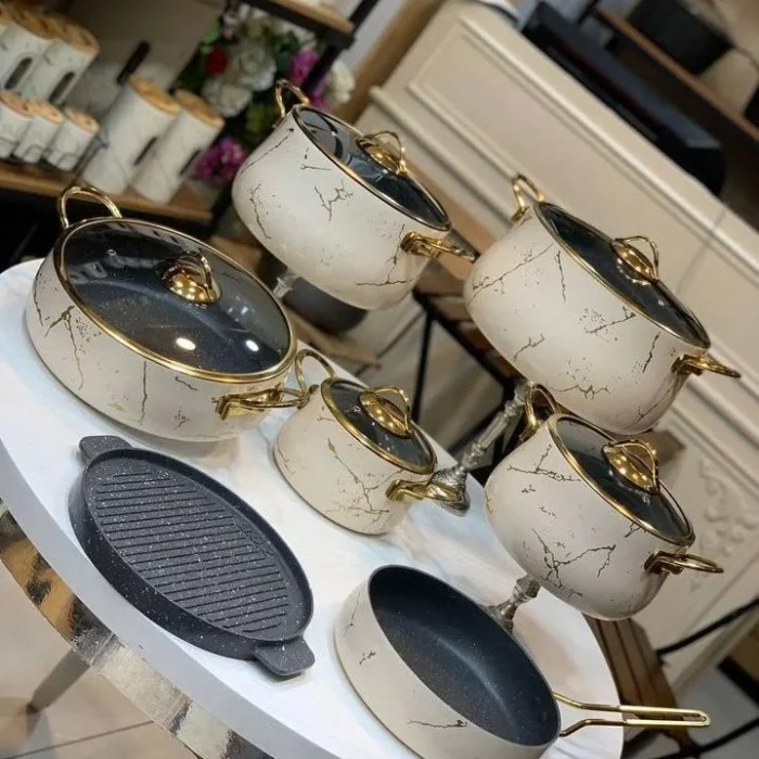 White Marble Pattern Cookware Set with Gold Trim