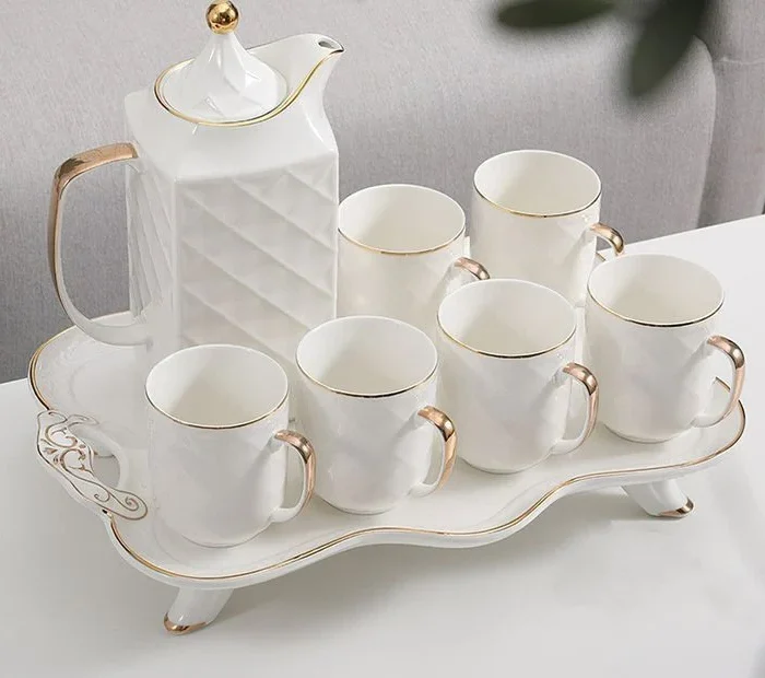 White Quilted Porcelain Tea Set with Tray