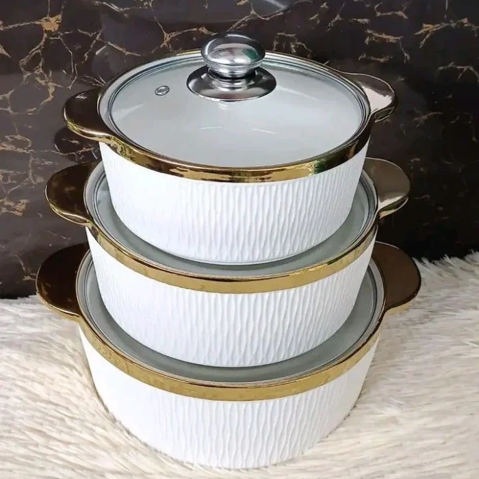 White Ribbed Casserole Pots with Gold Rim