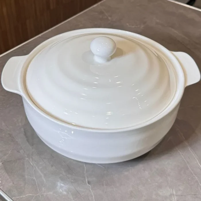 White Ribbed Ceramic Covered Casserole Pot