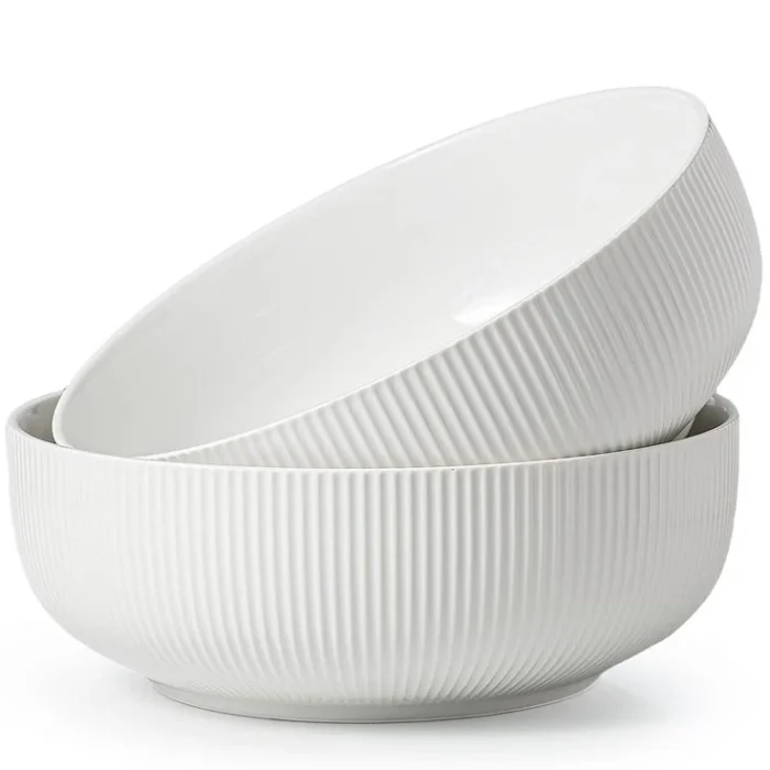 White Ribbed Large Ceramic Bowls Set