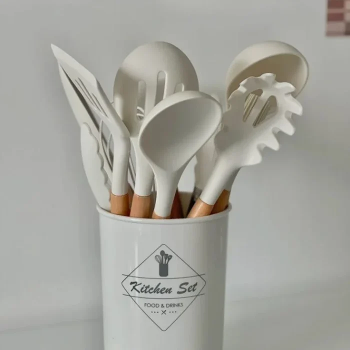 White Silicone Kitchen Utensils Set in Holder