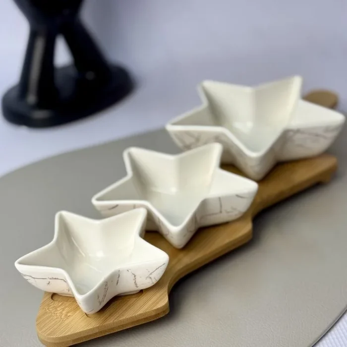 White Star Ceramic Dip Bowls on Wooden Platter